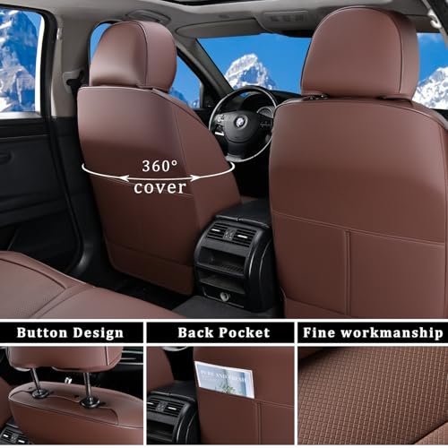Image of Leather Seat Covers Full Set, Waterproof Seat Cover for Cars 5 Seats, Luxury Leatherette Car Seat Cushion, Front and Rear Protectors Automotive Seat Covers for Sedan SUV Pick-up Truck, Brown