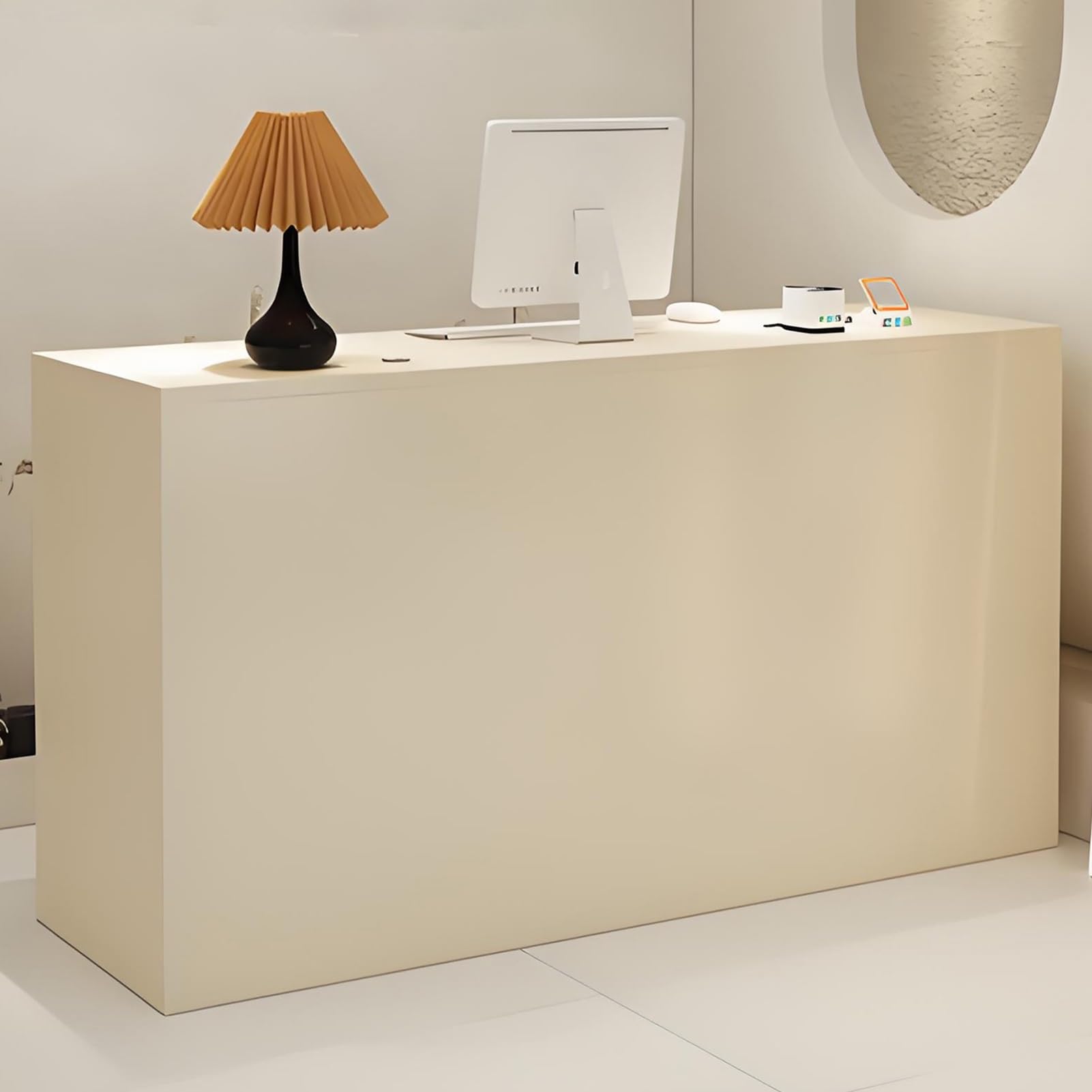 Drewniane biurko recepcyjne, recepcja w biurze, lada recepcyjna, blat recepcyjny Desksalon, biurko z zamykanymi szufladami, do holu, salonu(Cream White,80cm/31.4in)