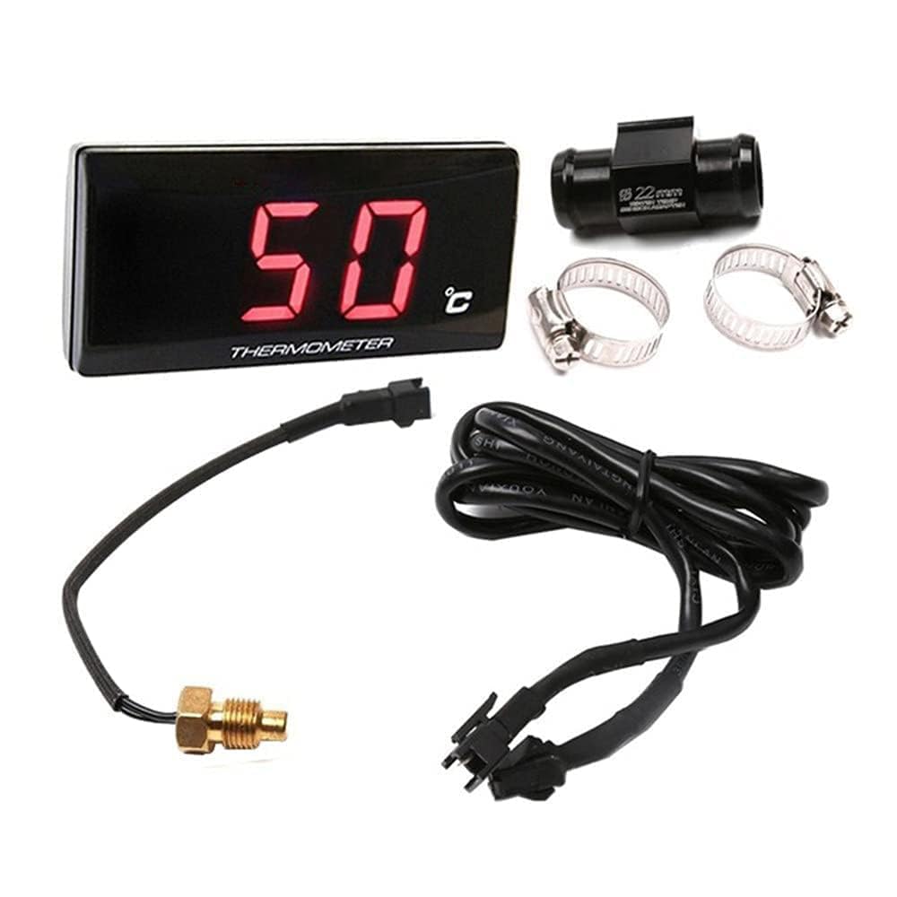 Thermomètre Numérique pour Moto, Affichage Précis de Température d'Eau, avec 22mm Adaptateur de Sonde en Métal Étanche, Accessoire de Modification de Moto(Rouge)