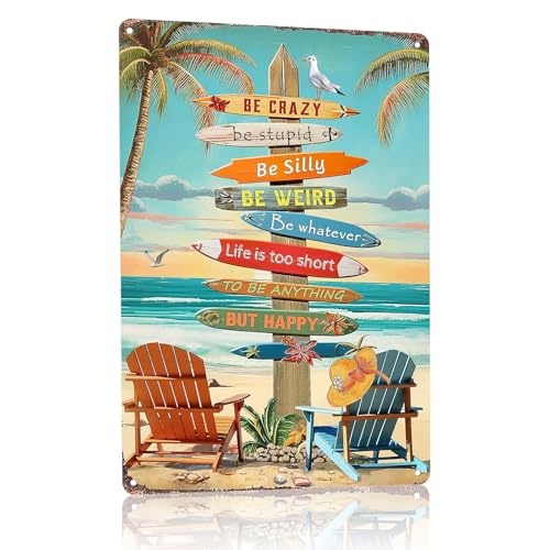 Retro Beach Metal Sign - Vintage Tropical Wall Decor with Palm Trees & Inspirational Quotes 'Be...