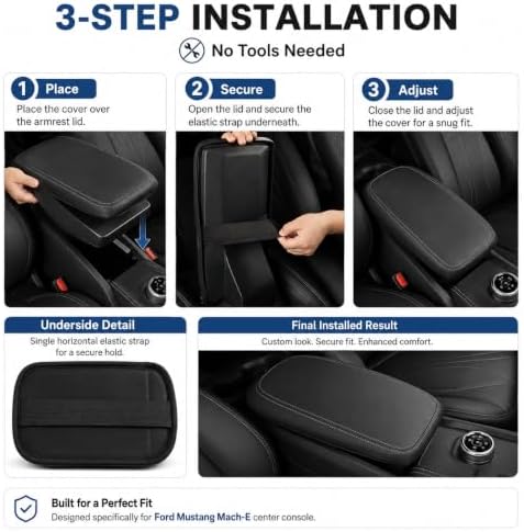 Great-luck PU Leather Center Console Armrest Cover Compatible with Ford Mustang Mach-E 2021 2022 2023 2024 2025 2026, Custom Fit Armrest Pad Protector, Armrest Box Cover Accessories, Grey Stitches - 5