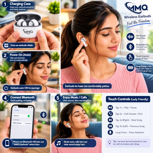 Image of MMQ Ear Buds Wireless Luckypod White Color with Bluetooth V 5.3.0 & with Type C Fast Charging, 90 Hours Playtime, Isolation & Clear Calls, Bluetooth Earbuds with IPX4.5 TWS Earphones