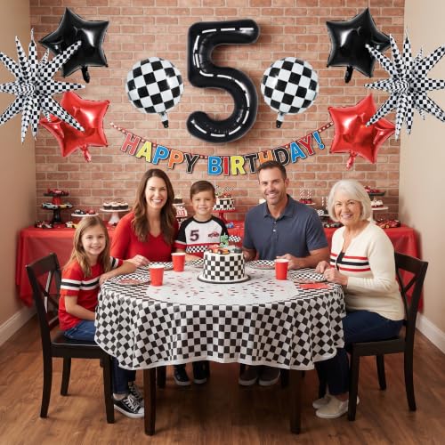Image of TONIFUL Race Car Party Balloons Set - 40 Inch Racetrack Number 5 Foil Balloon with Checkered & Star Balloons for Boys 5th Birthday Car Themed Decorations, Baby Shower Photo Backdrop Supplies