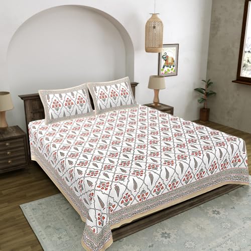 Image of Living Roots Jaipuri Hand Block Print Double Cotton Bedsheet & 2 Pillow Covers, for Mattress Upto 8 inches Thick, No Colour Bleeding, Red Colour, Super King Size 96 * 104 inches, 150TC (572-C)