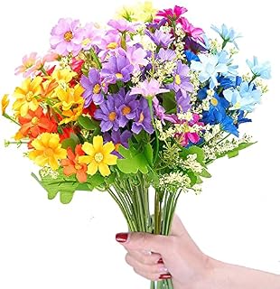 Artificial Fake Silk Flowers 6 Bundles Faux Silk Daisy Wildflowers Greenery Shrubs Plants Plastic Bushes Indoor Farmhouse Outdoor UV Resistant Garden Planter Decoration