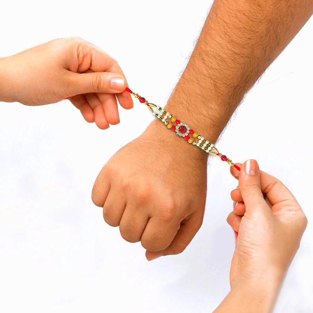 Red Multi Stone Designer Rakhi Bracelet for Brother on Raksha bandhan with Multicolor Beads Traditional Rakhi Thread Set of 3