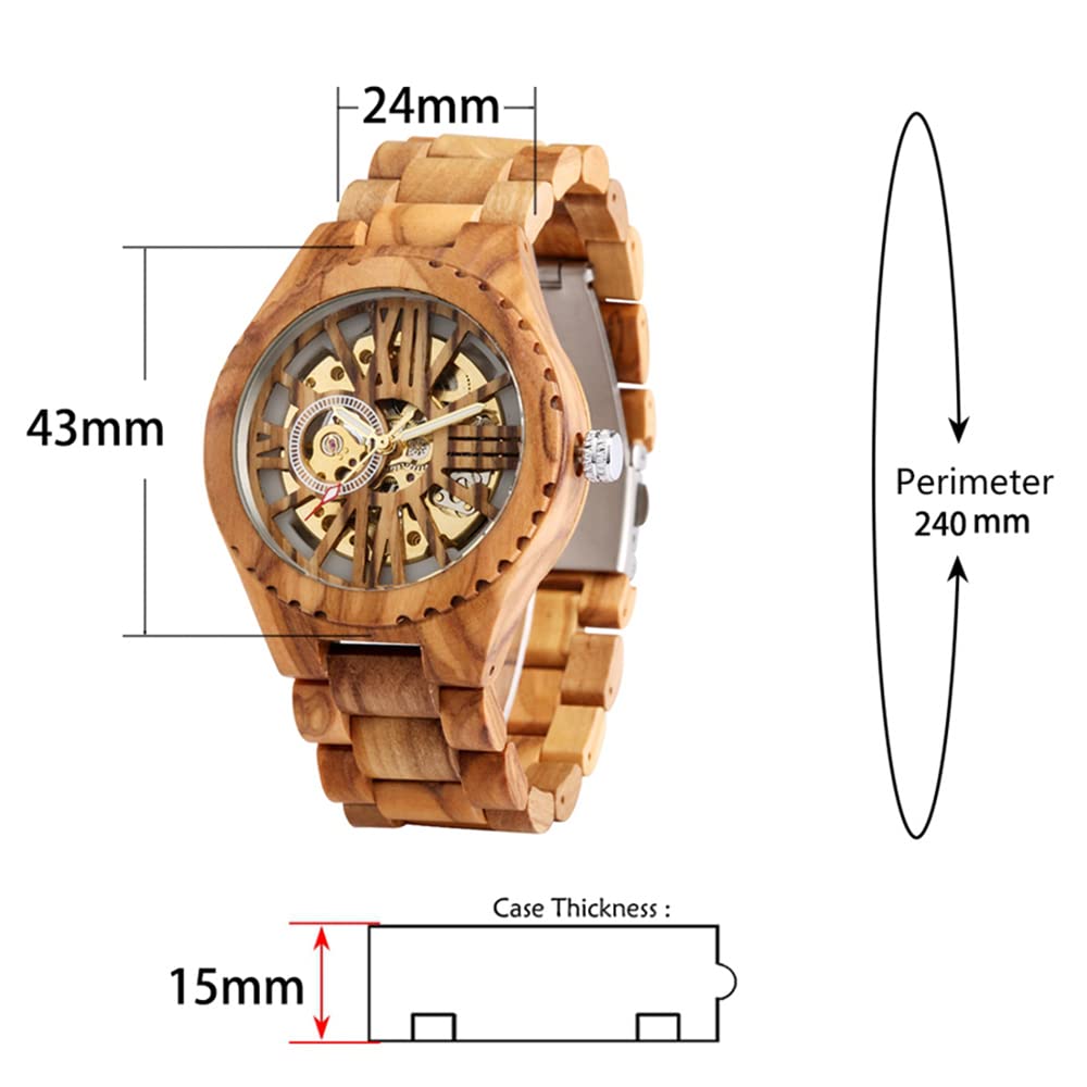 Relojes esqueléticos mecánicos de madera de los hombres de la moda, reloj de correa de madera sin batería para los hombres, relojes mecánicos de madera con esfera de números grandes romanos, M804.