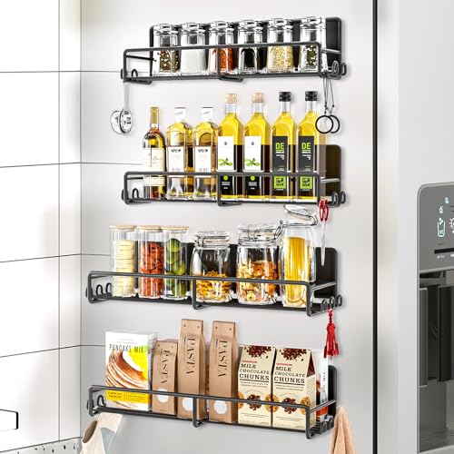 Image of SUNALLY Magnetic Spice Rack for Refrigerator, 4 Pack Magnetic Fridge Shelf with Hooks, Spice Organizer Shelf for Kitchen Organization and Storage, Seasoning Organizer Gadgets for Metal Surface