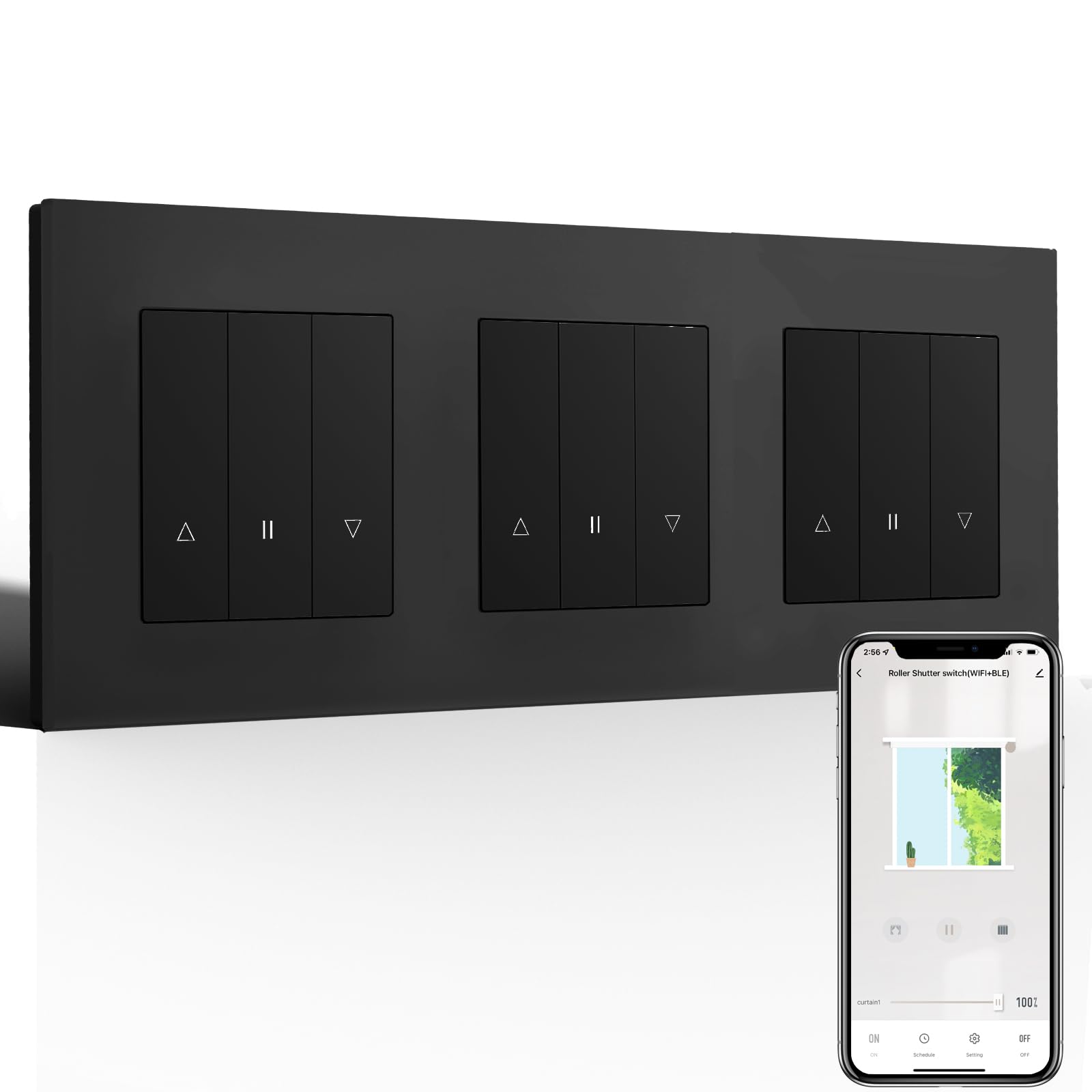 BSEED Tripel WLAN Rollladenschalter Unterputz mit PC Rahmen, Smart Jalousien Schalter benötigt Nullleiter, WiFi Rolladen Zeitschaltuhr Prozentuale Steuerung, kompatibel mit Alexa/Google Home, Schwarz