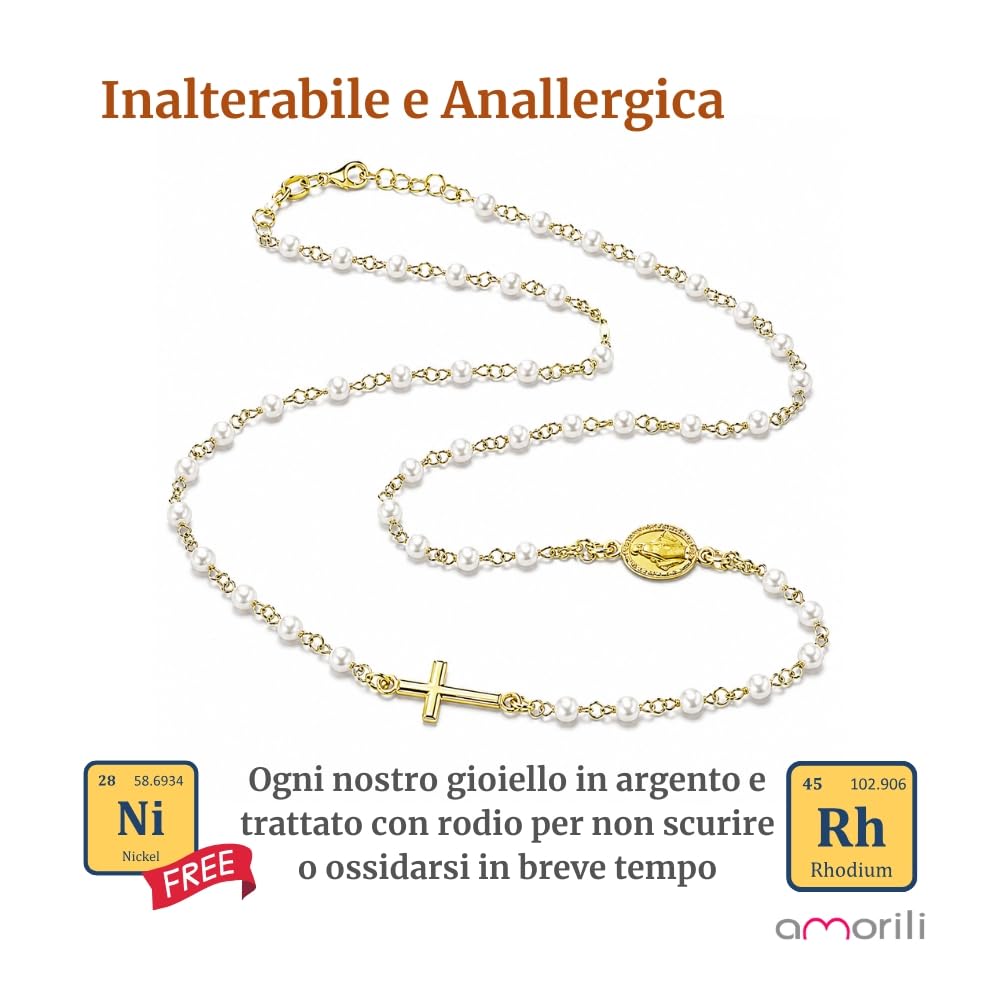 Collana Rosario Donna in Argento 925 Dorato Girocollo con Grani di Perle – Simbolo Cattolico Cristiano di Fede Religioso – Collana Elegante Idea Regalo cll2144