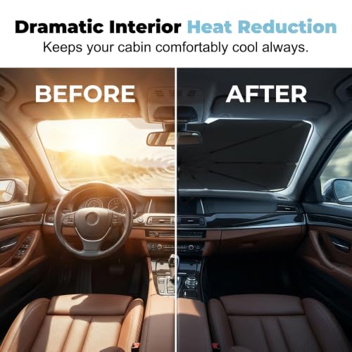 Image of Windshield Sun Shade Umbrella, Foldable Car Umbrella Sunshade with UV Block Car Front Window, Protection Front Window Sun Shield, Keeps Interior Cool, Fits Sedans SUV Trucks, Car Sun (57.08in*33.46in)