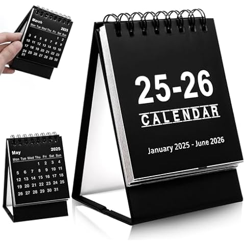 Tyqour Mini Desk Calendar 2025.1-2026.6 Small Desktop Calendar 2025-2026 Standing Flip Calendar Small Desk Calendar 2025-2026 for Home Office School (Black) Cover
