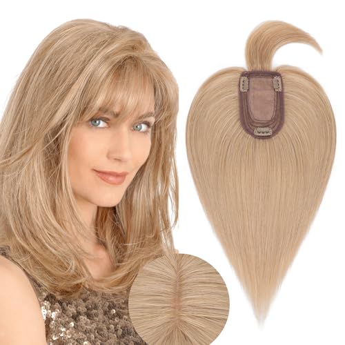 Rich Choices 100% Real Human Hair Topper with Bangs - Real Remy Hair Topper for Women Thinning on Top, 5.1x2.7 Inch Breathable Invisible Clip In Silk Base Hair Piece 12 Inch #27 Dark Blonde