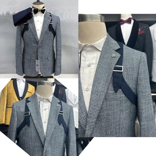 2 Pcs Men's Check Suit Houndstooth Tuxedo Slim Sports Blazer Dogstooth Jacket Pants Set for Party,Prom,Business3