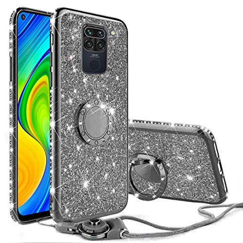 Ingen Funda Compatible con Xiaomi Redmi Note 9 6.53 ,Funda Glitter Silicona TPU Ultra Fina Suave Carcasa con Anillo Kickstand de 360 y Cordon,Brillante Cover Protectora para Redmi Note 9 -Negro