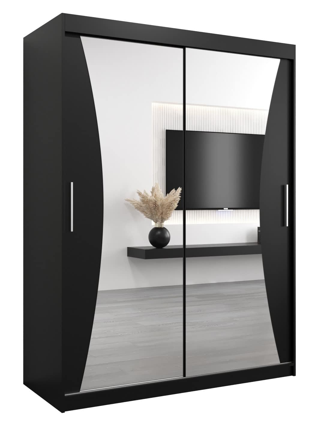 ABIKSMEBLE Monaco 150 Armario 2 Puertas Correderas para Dormitorio - Armario Moderno con Espejo, Barra y Estantes - 150x200x62 cm (Ancho x Alto x Fondo) - Negro Mate