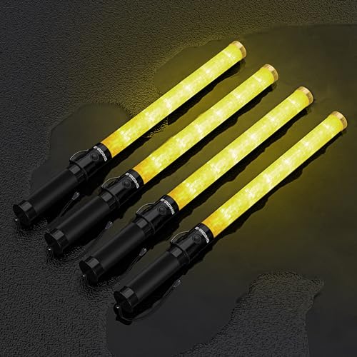 Image of E-riding 4 Pack Traffic Wand, 21 Inch Traffic Control Wand with 3 Flashing Modes & Side Clip, LED Safety Baton for Traffic Control, Parking, Aircraft, Car Directing (Yellow)
