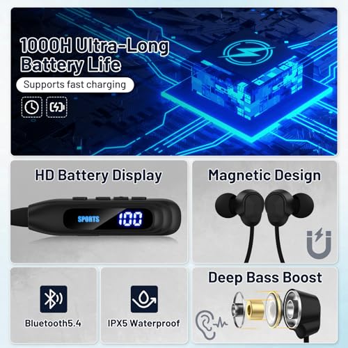Neckband Bluetooth Headphones, 1000H Extra Battery Life with Display Magnetic Earphones,Wireless Stereo Earbuds with Microphone, Waterproof in-Ear Headset for Sports/Workout/Office (Black) - Image 3
