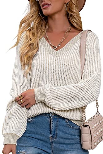 Kapoohott Damen Strickpullover V Ausschnitt Pullover Casual Langarmshirts Lässiger Pulli Sweatshirt(Aprikose,S) Cover
