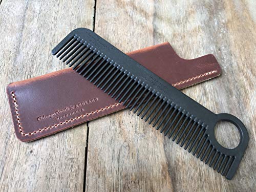 Chicago Comb Model 1 Carbon Fiber Comb + English Tan Horween Leather Sheath, Made In Usa, Ultimate Pocket And Travel Comb, Smooth Strong & Light, Anti-Static, Premium American Leather Sheath #TOP2