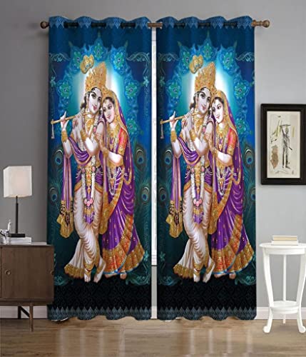 Image of UNITMALL Digital Printed God Curtains Pack of 2 | Home Mandir Pooja Room Decor Bhgwan Window Curtain 5ft | Polyester Eyelet Drapes & Panels (4x5 Feet, Radha Krishna Blue BG)