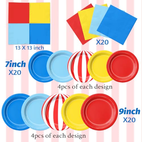 Image of CMUSKO 60Pcs Carnival Plates and Napkins-Circus Theme Party Decorations Red Blue Yellow Tableware for Birthday, Baby Shower