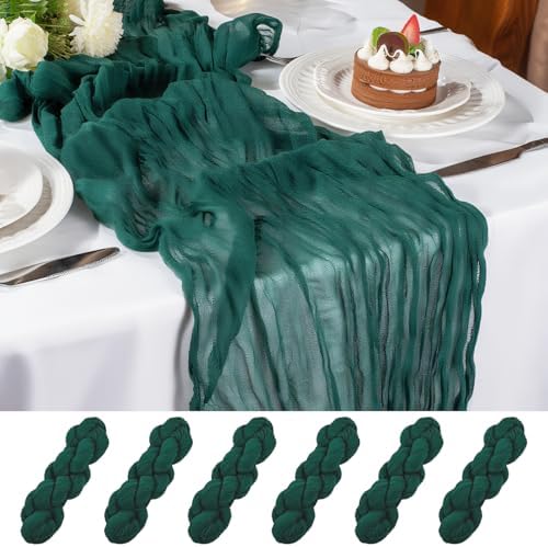 10FT 6 Pack Emerald Green Cheesecloth Table Runner Romantic Boho Rustic Sheer Gauze Cheese Cloth Table Runners 120x22 inchs Decor for Wedding Bridal Baby Shower Party Birthday Home Decorations