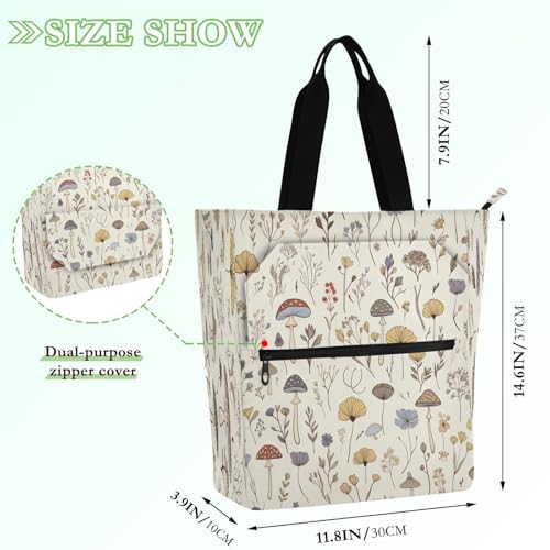 Wildflowers Mushrooms Book Tote Bag,Large Capacity Handbag with Zipper Perfect for School,Travel,Shopping2
