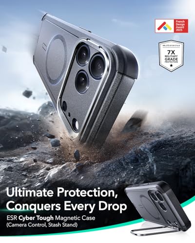 Image of ESR for iPhone 17 Pro Max Phone Case with Stand, 23ft Military-Grade Drop Protection with Camera Control, Shock-Absorbing Rugged Cover, Compatible with MagSafe Accessories, Cyber Series, Grey