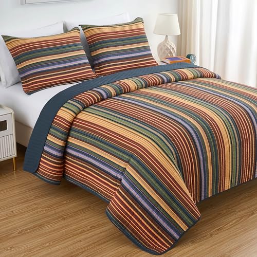 Image of Chezmoi Collection Avery 3-piece Multi-Color Striped 100% Washed Cotton Quilt Set Queen Size