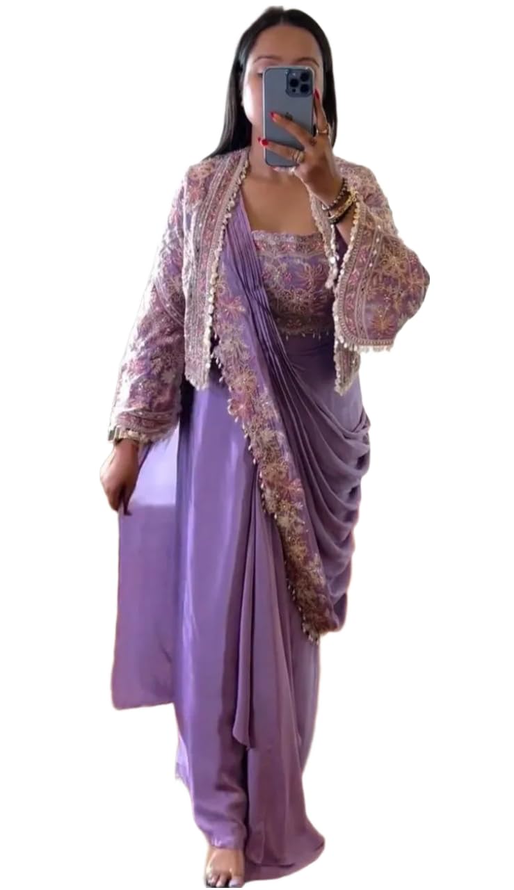 Elegant Chinon Ready to Wear Saree with Embroidered Banglori Jacket & Designer Blouse for Women-picture-22