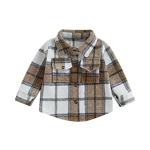 Little Kids Toddler Baby Boy Button Down Cardigan Long Sleeve Plaid Flannel Sweater Coat Tops Spring Fall Clothes (Khaki White Plaid, 6-12 Months)