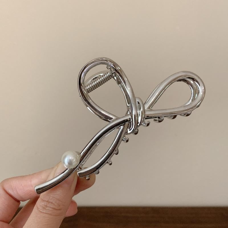 Miniatura 3 de Pinzas grandes plateadas para el cabello, pinzas de metal para el cabello con diseño de perlas blancas, antideslizantes, estilo de moda, accesorios