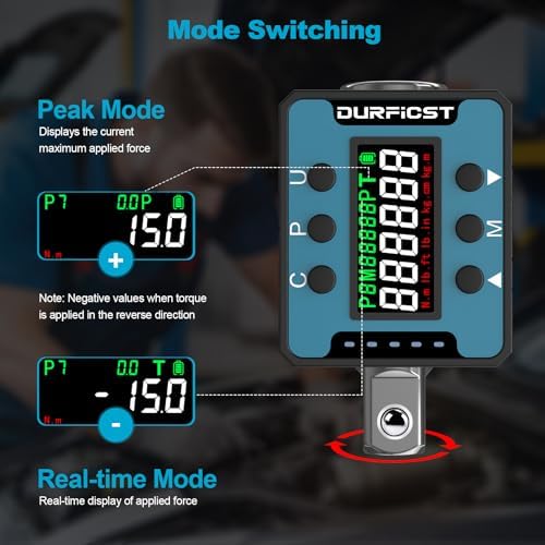 Bild 2 - DURFICST Drehmomentschlüssel Digital, 1/2" Digitaler Drehmomentadapter mit Ton- und Lichtalarm, Digitaler Drehmomentschlüsse,Bereich 4–135 N.m, Geeignet für Autos, Fahrräder, Motorräder