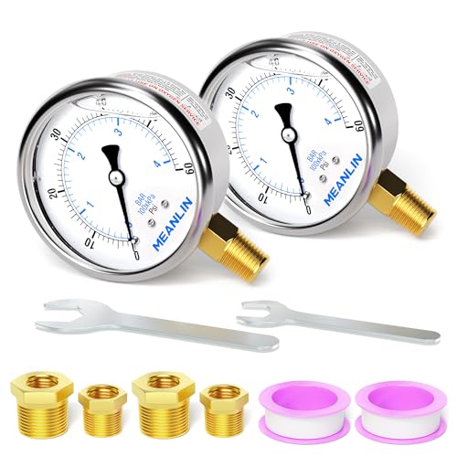 Image of MEANLIN MEASURE 0~60Psi Stainless Steel 1 /4 inch NPT 2.5 inch FACE DIAL Liquid Filled Pressure Gauge, Pool Sand Filter Pressure Test Lower Mount(Pack of 2) with 1 /2 inch NPT and 3 /8 inch NPT Hex Bushing