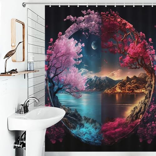Rideau de douche polyester imperméable lavable avec 12 crochets style japonais 140x183 - 6