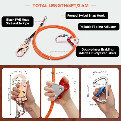 Image of Tree Climbing Flipline Kit - Flip Line1 /2 X8ft Tree Climbing Rope with Triple Lock Carabiner Adjuster Steel Swivel Snap for Fall Protection,Climbing Tree Equipment