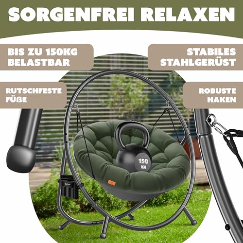 KESSER® Hängesessel mit Gestell Bali Hängeschaukel Hängestuhl bis 150kg für Indoor und Outdoor + Kissen & Seitentasche Hängekorb Stahlgestell & Schaumstoff Sitzpolster 6