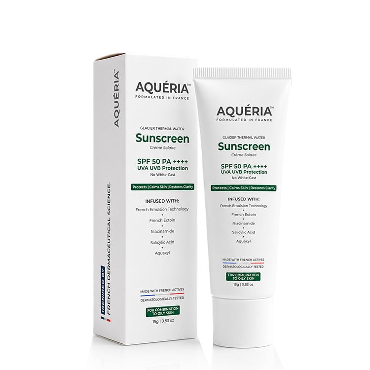 Image of Aqueria Oil Control Brightening Gel Multi-Active French Sunscreen SPF 50 PA++++ | In-Vivo /In-Vitro Tested | 2% Niacinamide & Hyaluronic Acid | Modern UV Filters | Broad Spectrum UVA /UVB & Blue Light Protection | Lightweight, Non-Greasy, No White Cast | Suitable for Daily Use | For Oily, Acne-Prone & Combination Skin (15g)
