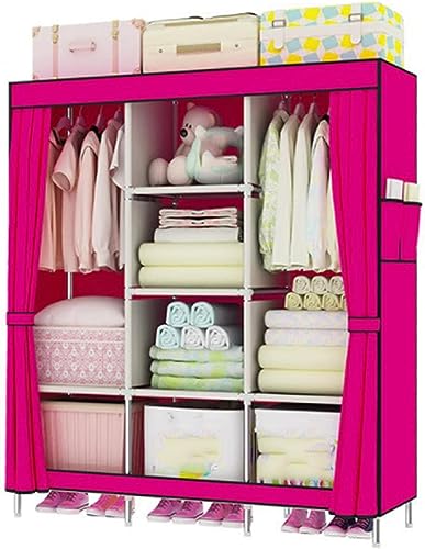 Armoire en tissu rose 128x45x170cm avec penderie et poches pour chambre
