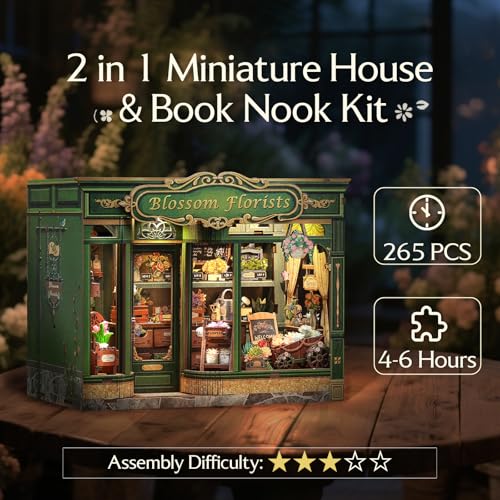 Image of CUTEBEE Book Nook Kit DIY Miniature Flower House Dollhouse for Adults | Booknook Tiny House Bookshelf Decor 3D Wooden Puzzle, DIY Craft Gifts for Family, Friends (Blossom Florists)