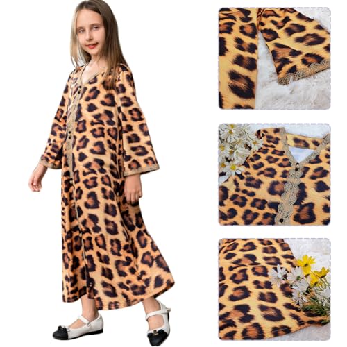 Ibakom Kids Girls Islamic Abaya Dress Kaftan Dubai Muslim Long Sleeve V-Neck Embroidered Maxi Dress Caftan Gown Brown 9-10 Years thumb #5