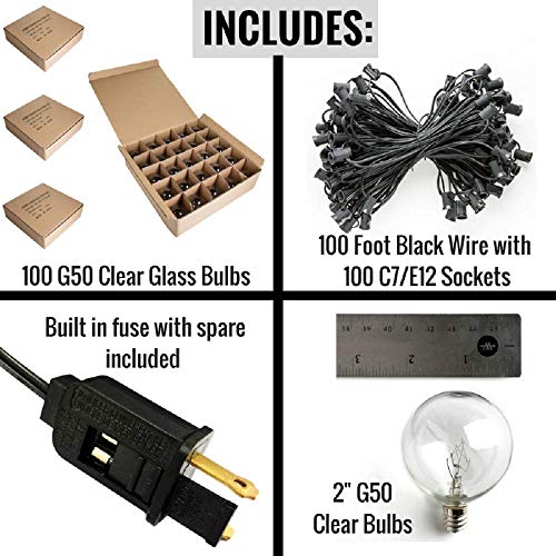 Hometown Evolution, Inc. 100 Foot Outdoor String Lights - 105 G50 Clear 2" Bulbs (5 Extra) - Black Wire - Globe String Lights For Patio, Backyard, Deck, Bistro, Cafe And Party Lighting #TOP6