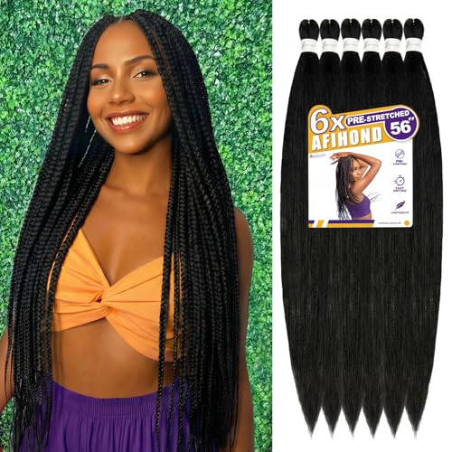 AFIHOND Braiding Hair Pre Stretched - 6x Braids 56 Inch Professional Prestretched Braiding Hair Extensions for Box Braids and Twists (28 In Open 56 In, #1B Natural Black)