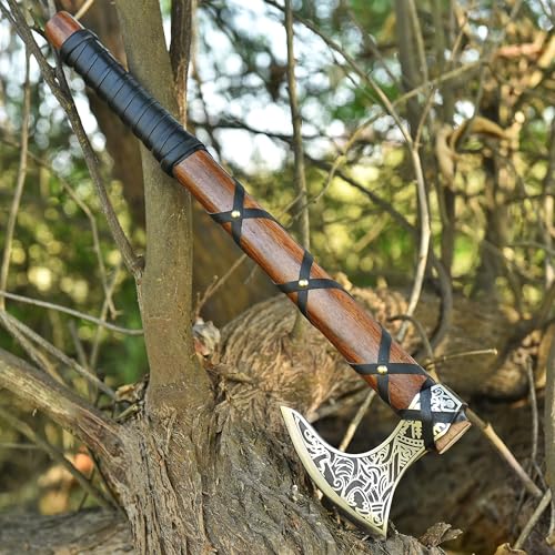 Image of Viking Axe Ragnar Lothbrook Hunting Axes Rosewood Handle - High Carbon Steel Blade Sharp EDG Wood Working Hand Tool - Tomahawk Bearded Axes - Forged Outdoor Camping Tools Axe with Leather Cover