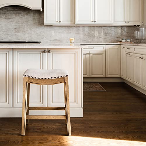 Maven Lane Adrien Backless Saddle Kitchen Counter Stool 25.7" H, Natural Wood Finish And Cream Performance Fabric, Nail Head Trim Design #TOP5