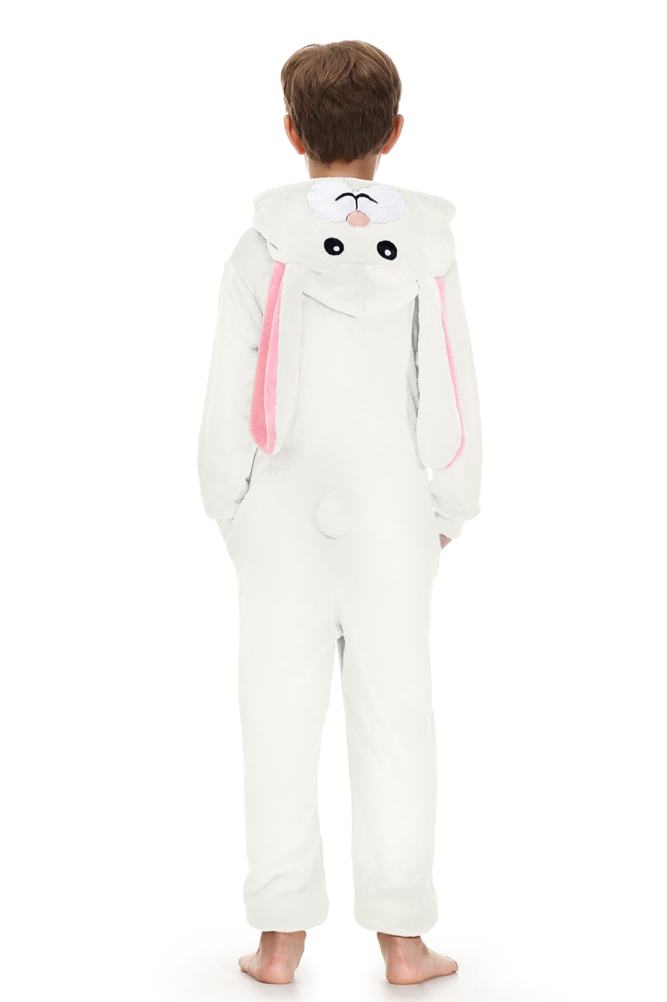 BesserBay Tuta intera unisex per bambini, con cappuccio, per Halloween, coniglietto peloso, 4-14 anni, Bianco | Tuta Coniglio, 8 anni