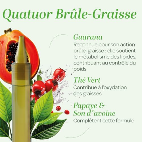 SUPERDIET - QUATUOR BRÛLE-GRAISSE BIO - Minceur -Thé vert, Papaye, Son d'avoine, Guarana - Format nomade-20 Unidoses de 15 ml – Image 4