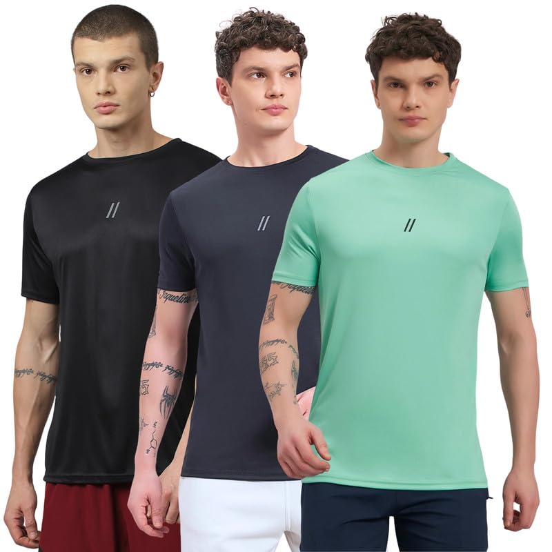 Image of ATICX Slim Fit Polyester Sports T-Shirt for Men - Round Neck Quick Dry Fit Half Sleeve Breathable Stylish Gym & Workout Tee - Lightweight Running Cycling Football Swimming Training Sportswear Top