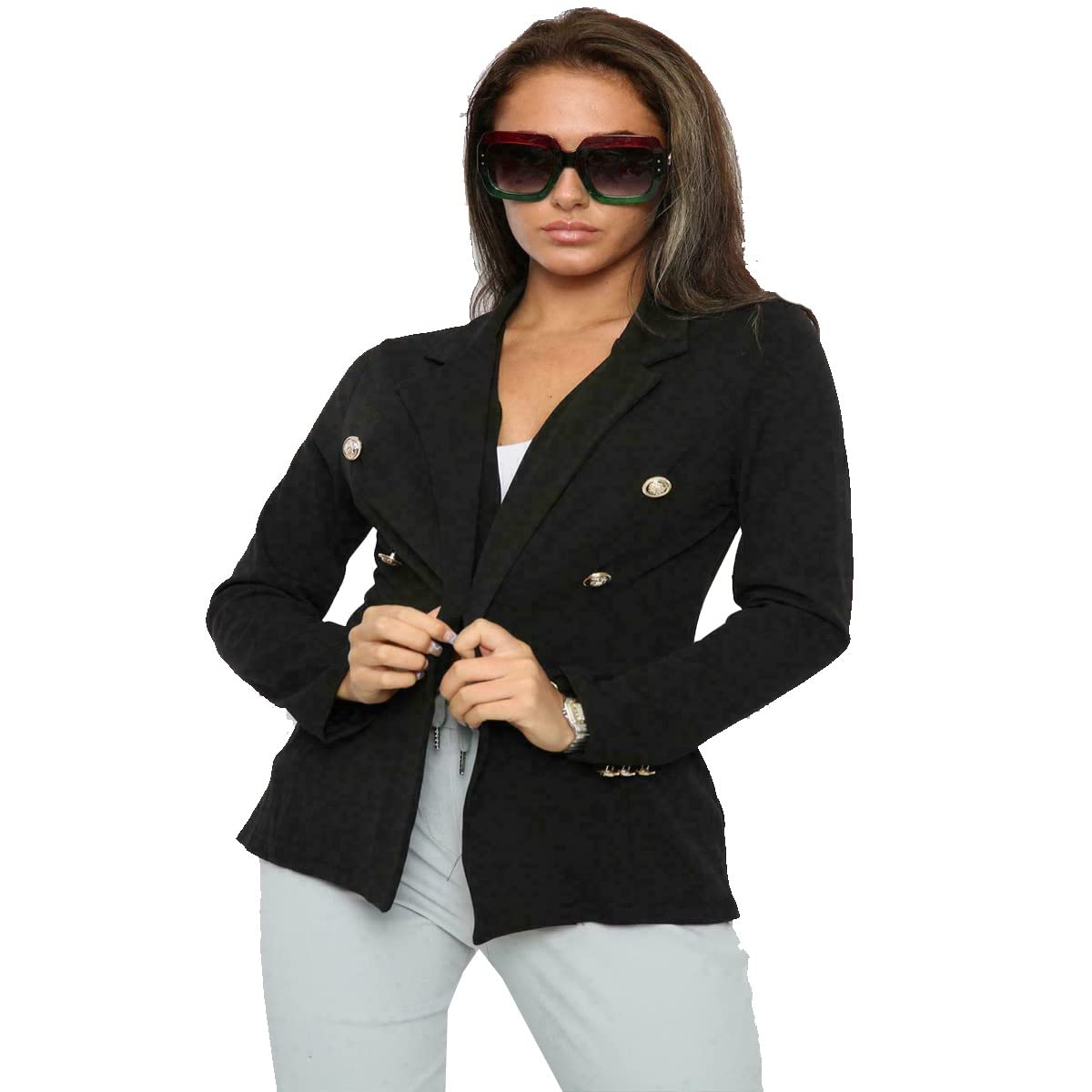 New Ladies Gold Button Stretch Military Style Double Breasted Blazer Jacket UK